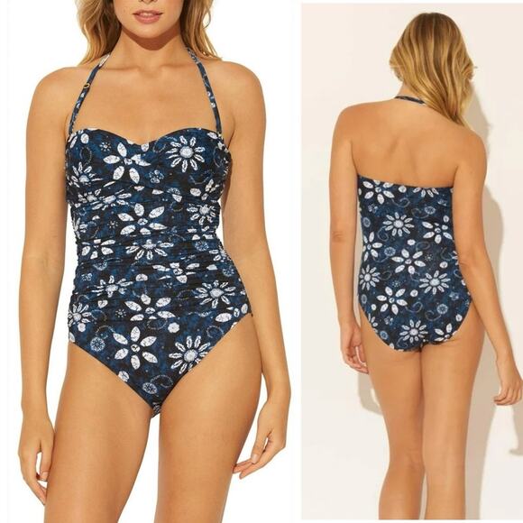 Bleu Rod BeattieTake-a-Dip Shirred Bandeau one Piece Swimsuit Floral navy size 8 - Picture 1 of 11